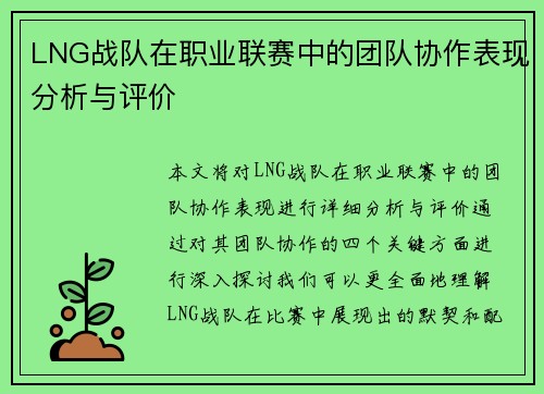 LNG战队在职业联赛中的团队协作表现分析与评价